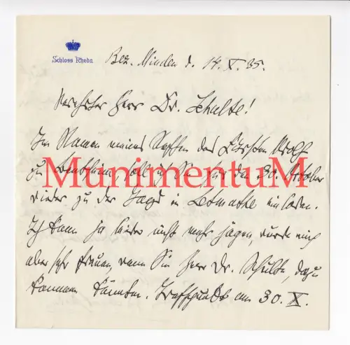 eigenh Brief Adel C. H. zu BENTHEIM (Tecklenburg) zu SCHLOSS RHEDA '35 Autograph