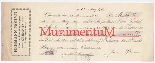 Glas & Porzellan en gros H. Böhme CHEMNITZ - Wechsel Quittung 1917 LÖSSNITZ