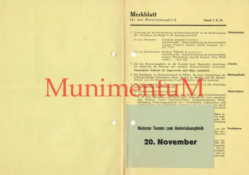 Merkblatt Materialaustausch Gau POMMERN, MECKLENBURG 1943 Rüstungsobmann STETTIN