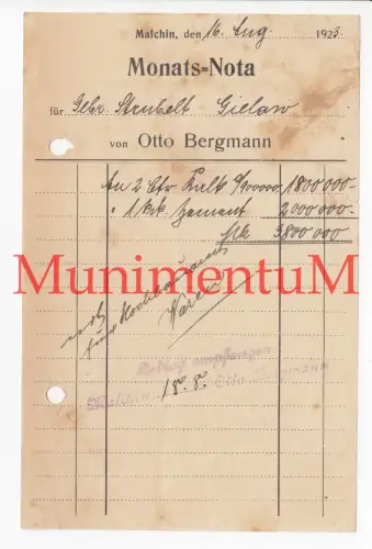 Otto Bergmann MALCHIN - Monats-Nota Rechnung 1923 für Hochbauamt-Waren
