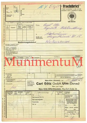 Eilgut-Frachtbrief C. Götz GmbH -Neu-ULM-Offenhausen (Donau) 1953 n. WEIKERSHEIM