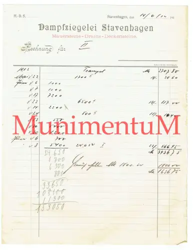 Dampfziegelei STAVENHAGEN - Rechnung 1910 o. 1912 Seite II ohne Seite I