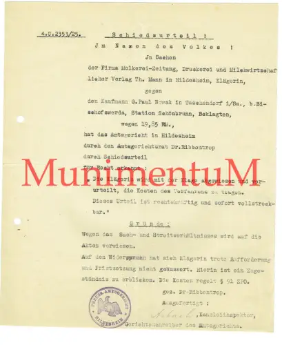 Schiedsurteil Amtsgericht HILDESHEIM Ribbentrop Molkerei Mann Nowak TASCHENDORF