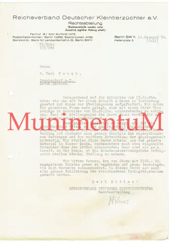 Reichsverband Deutscher Kleintierzüchter BERLIN - Schreiben Rechtsabteilung 1934