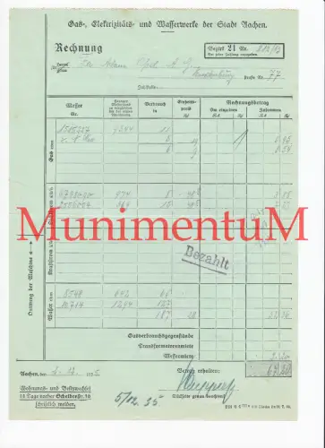 Gas- Elektrizitäts- & Wasserwerke Stadt AACHEN - Rechnung 1935 Adam OPEL A.G.