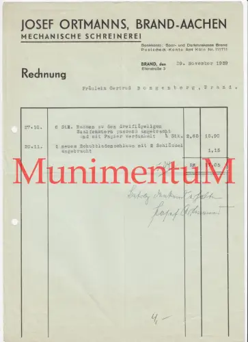 Josef Ortmanns Mechanische Schreinerei BRAND-AACHEN - Rechnung 1939 Bongenberg