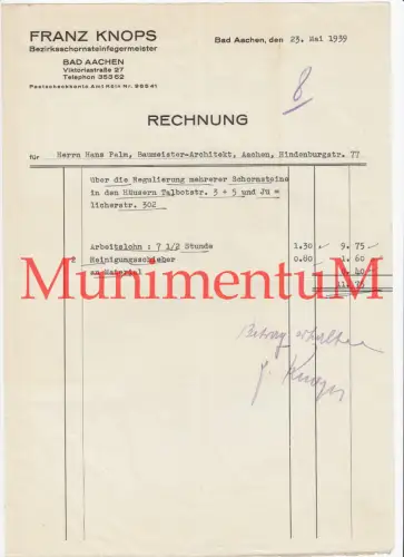Bezirksschornsteinfegermeister Franz Knops BAD AACHEN Viktoriastr. Rechnung 1939
