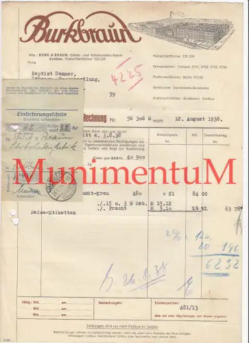 Burk & Braun Burkbraun COTTBUS - Rechnung mit Einlieferungsschein 1938