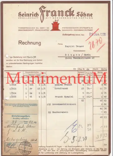 Kaffee Heinrich Franck Söhne LUDWIGSBURG - Rechnung mit Einlieferungsschein 1938