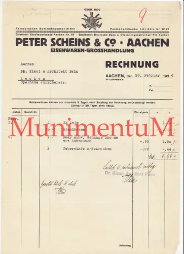 Eisenwaren-Großhandlung Peter Scheins & Co. AACHEN gegr 1870 - Rechnung 1934
