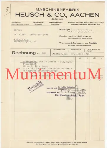 Maschinenfabrik Heusch & Co. AACHEN gegr. 1903 - Rechnung 1936 Seil aus Patent