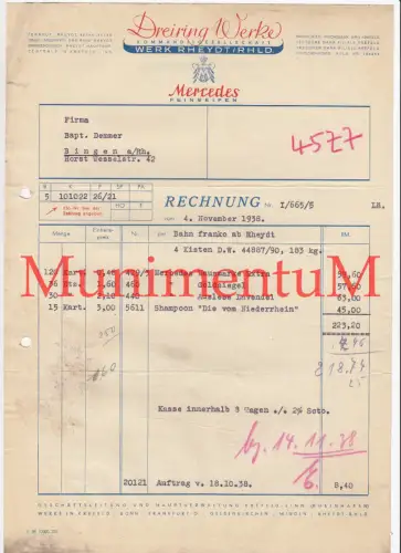 Dreiring-Werke Kommanditges. Werk RHEYDT Mercedes Feinseifen - Rechnung 1938