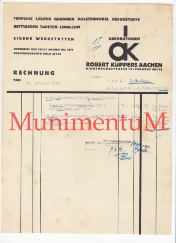 Bettwaren Tapeten Dekorationen Robert Küppers AACHEN - Rechnung 1940