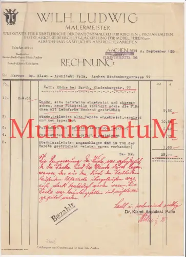 Werkstätte Malermeister Wilhelm Ludwig AACHEN - Rechnung 1935 Deckeneinsturz