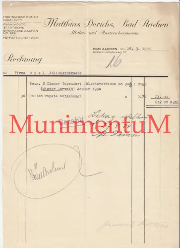 Maler- & Anstreichermeister Matthias Derichs BAD AACHEN - Rechnung 1934