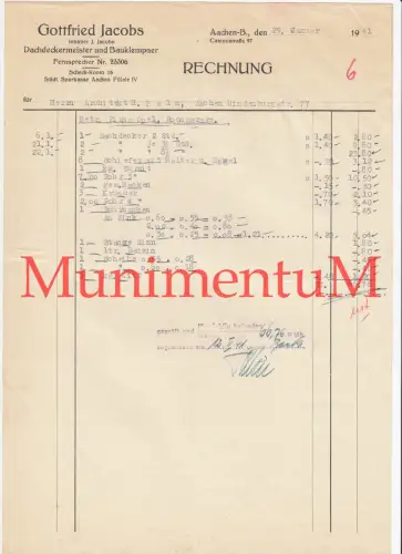 Dachdeckermeister & Bauklempner Gottfried Jacobs AACHEN - Rechnung 1941 Opel