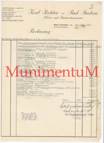Maler- & Anstreichermeister Karl Richter BAD AACHEN - Rechnung 1933