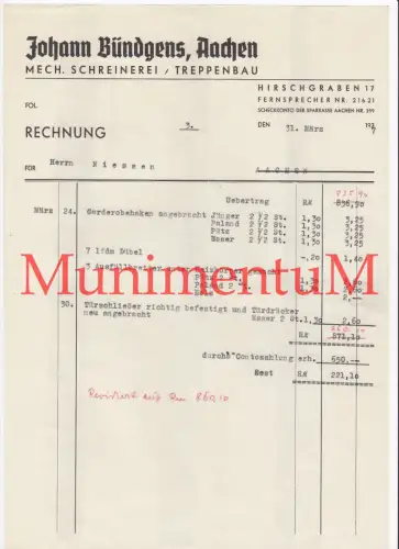 Mechanische Schreinerei & Treppenbau Johann Bündgens AACHEN - Rechnung 1937