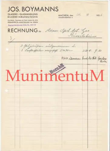 Glaserei Glashandung Bildereinrahmung Jos. Boymanns AACHEN - Rechnung 1936 Opel