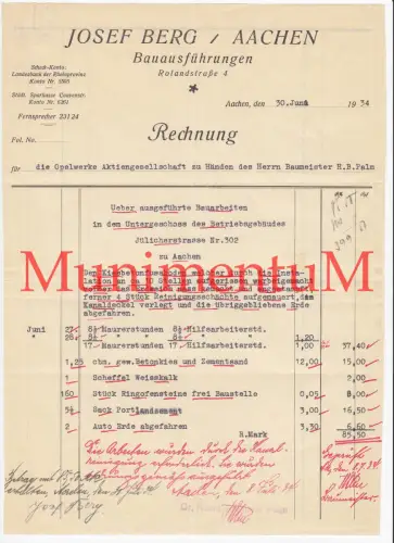 Bauausführungen Josef Berg AACHEN - Rechnung 1934 für Opelwerke A.G.