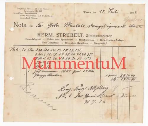 Dampfsägerei Zimmermeister Hermann Strubelt WAREN / MÜRITZ - Rechnung 1922