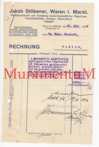 Maschinenfabrik Schweißerei Stöbener WAREN / MÜRITZ - Rechnung 1922 Messerwelle