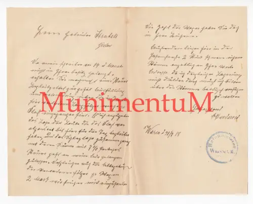 Hafenmeister WAREN i.M. / MÜRITZ - Schreiben Juli 1918 an Gebr. Strubelt GIELOW