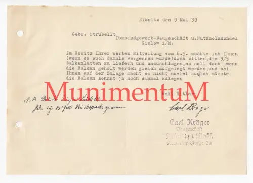 Baugeschäft Carl Kröger RIBNITZ i.M. - Schreiben Brief Mitteilung 1939 Stempel