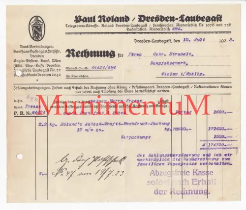Paul Roland DRESDEN LAUBEGAST Bahnstation NIEDERSEDLITZ Rechnung 1923 Hr. Freese