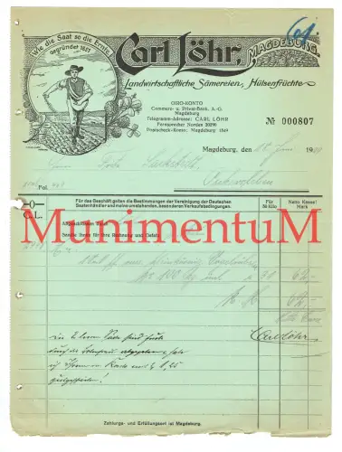 landw. Sämereien Hülsenfrüchte Carl Löhr gegr. 1851 MAGDEBURG - Rechnung 1929