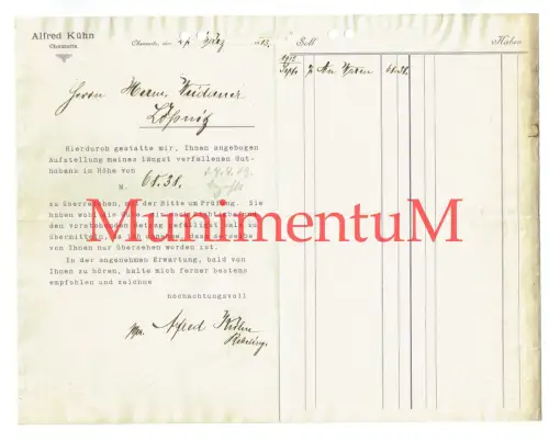 Groß-Handlung Alfred Kühn CHEMNITZ - Rechnung Autograph Inhaber 1913