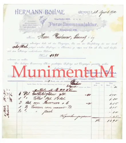 Porzellanmanufaktur Hermann Böhme CHEMNITZ gegr. 1870 - Rechnung 1914 LÖSSNITZ