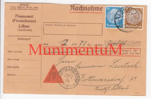 Finanzamt LÖBAU Sachsen - Nachnahme Rechnung 1934 KOTTMARSDORF H. Leutsch