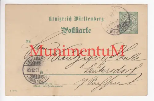 RAVENSBURG Königreich Württemberg Postkarte nach LEUTERSDORF 1895 als Bahnpost