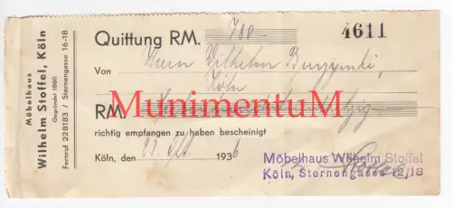 Möbelhaus Wilhelm Stoffel KÖLN gegr. 1880  - Quittung Wechsel 1936 W. Burzynski