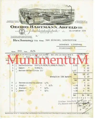 Schuhleistenfabrik Georg Hartmann ARFELD - Rechnung 1934 nach SCHWABACH