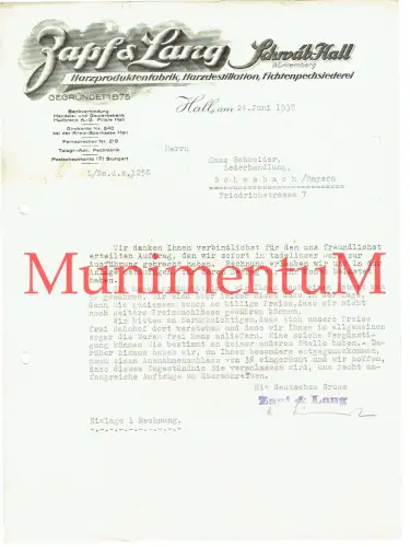 Fichtenpechsiederei Zapf & Lang SCHWÄBISCH HALL - Anschreiben Briefkopf 1938
