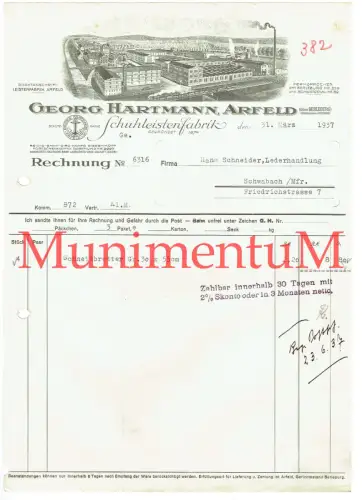 Schuhleistenfabrik Georg Hartmann ARFELD - Rechnung 1937 nach SCHWABACH