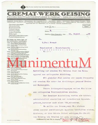 Cremat-Werk GEISING BERLIN-LICHTERFELDE - Auftragsbestätigung Briefkopf 1929