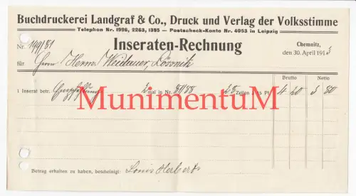 Buchdruckerei Landgraf & Co CHEMNITZ Verlag d. Volksstimme Inserat Rechnung 1913