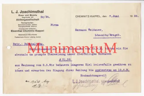 Eisen & Metalle AG L. J. Joachimsthal CHEMNITZ KAPPEL - Rechnung 1928