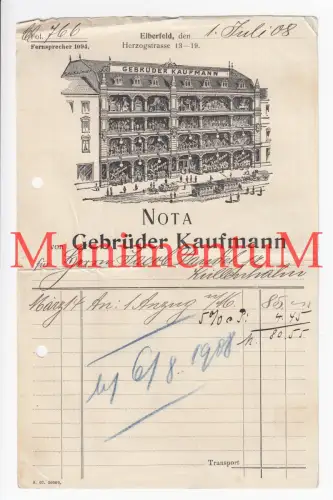 Gebrüder Kaufmann ELBERFELD - Nota Rechnung 1908 für einen Anzug