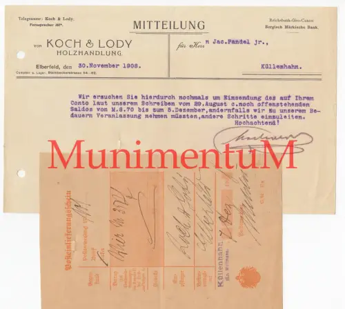 Holzhandlung Koch & Lody ELBERFELD - Mitteilung & Posteinlieferungsschein 1908