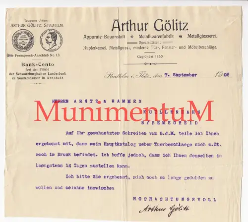 Metallgießerei Metallwarenfabrik Arthur Gölitz STADTILM i. Thür. - Antwort 1908
