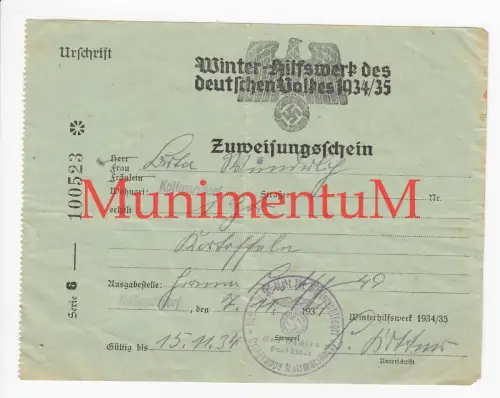 Winterhilfswerk WHW Zuweisungsschein KOTTMARSDORF 1934 für Kartoffeln