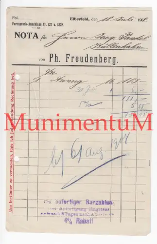 Philipp Freudenberg ELBERFELD  - 2 Rechnungen Nota 1908 für J. Pandel