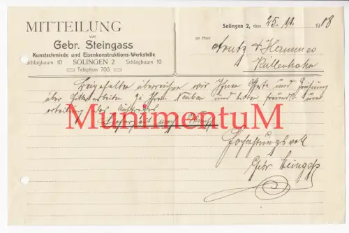 Kunstschmiede & Eisenkonstruktionen Gebr- Steongass SOLINGEN - Mitteilung 1908