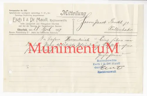 Esch I & Dr. Maull ELBERFELD - Mitteilung 1908 Herrenbrück Pandel KÜLLENHAHN
