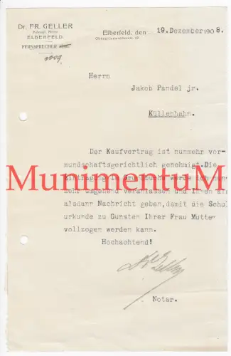 Königlicher Notar Dr. Geller ELBERFELD - Mitteilung 1908 Pandel KÜLLENHAHN