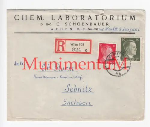 Chem. Laboratorium C. Schoenbauer ATHEN z.Zt. WIEN - Leerer Kuvert SEBNITZ 1944